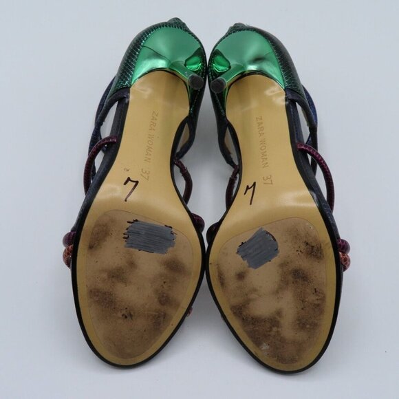 Zara Womens 6.5 US 37 Multiolor Rainbow Mermaid Strappy Snakeskin Heel Sandals - Picture 9 of 11